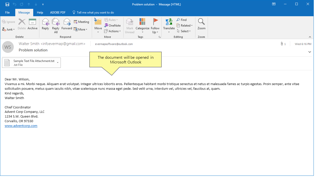 The document would be opened in the Microsoft Outlook